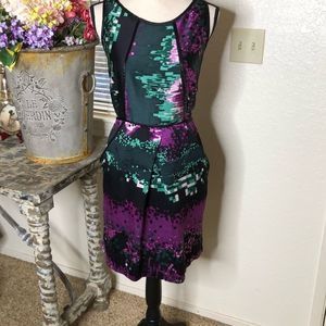 Laundry by Shelli Segal black, purple, & green silk abstract print sheath dress